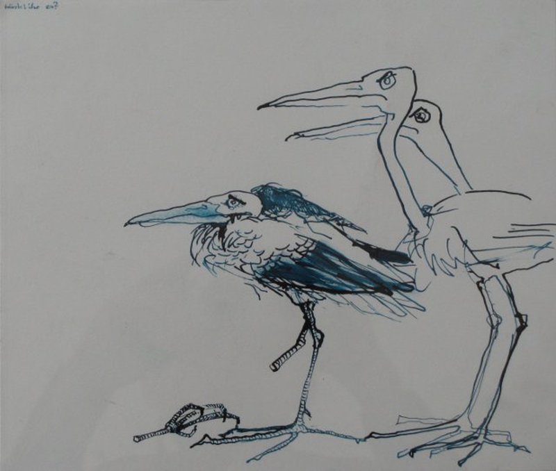 Tuscheskizze auf Papier, Darstellung von Vögeln