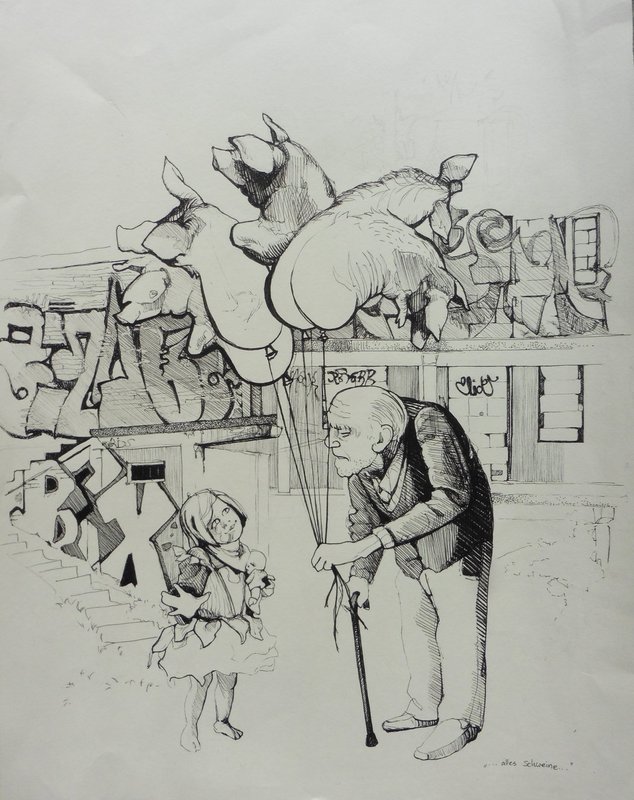 Grafik eines alten Mannes, der Luftballons in Schweineform hält und eines Mädchens