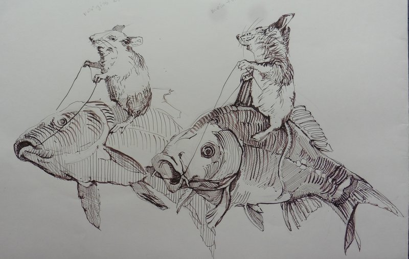 zwei Mäuse auf zwei Fischen reitend  liefern sich ein Wettrennen.
