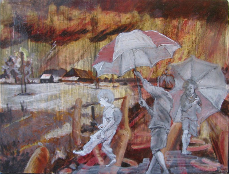 Gewitterlandschaft, drei Jungen mit Regenschirm