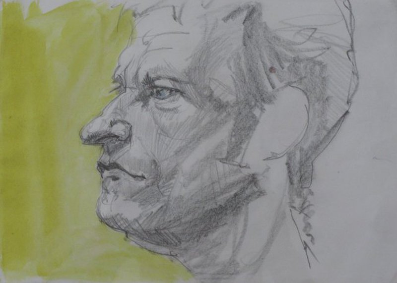 Gehobenes Kinn, gerade Blick, Bleistift und Aquarell auf Papier