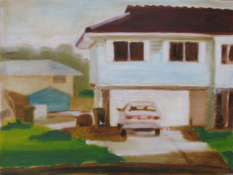Blick von der anderen Straßenseite zum Haus gegenüber, skizziert in Öl auf grundiertem Papier