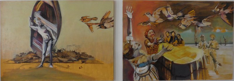 2 Gemälde: eine Menschen, der ein Boot trägt und Vögel; Menschen um einen Tisch, Vögel